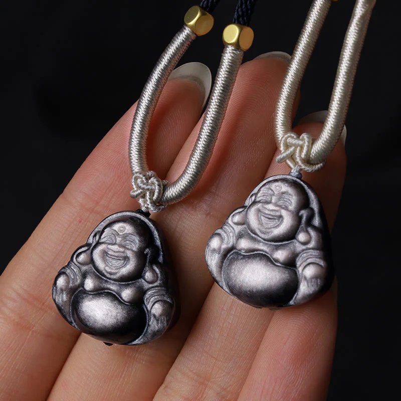 Collana con ciondolo di protezione Buddha che ride in ossidiana naturale con Buddha Stones in argento - Image 9