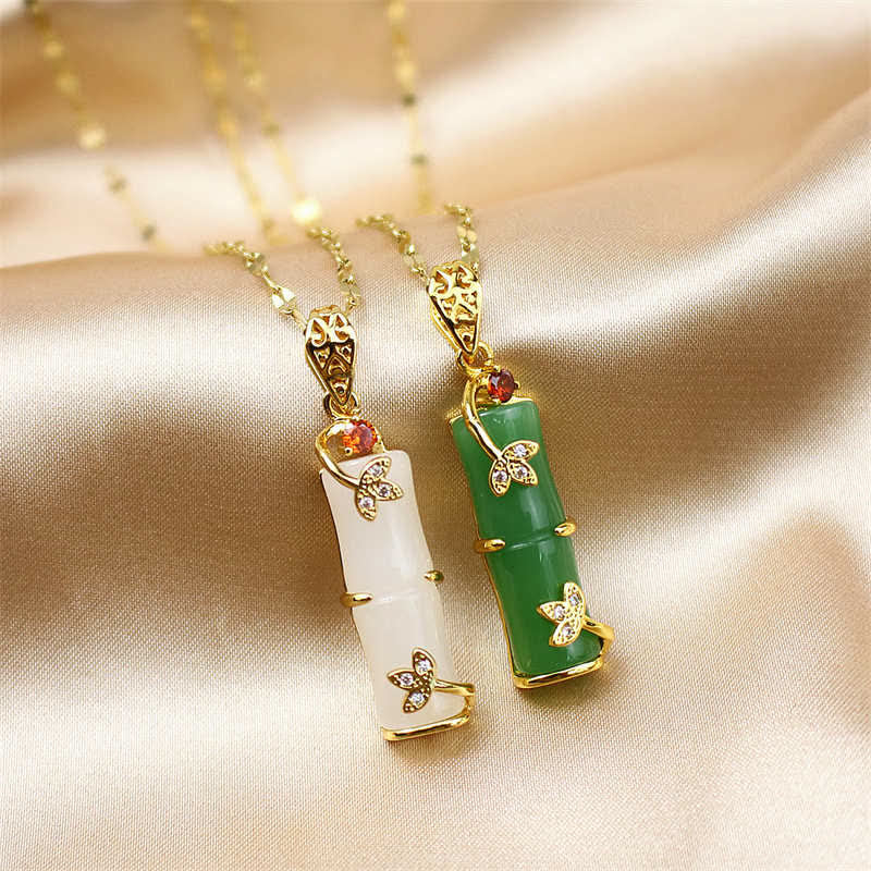 Collana con ciondolo di protezione dalla fortuna in bambù, giada bianca e giada ciano Buddha Stones - Image 5