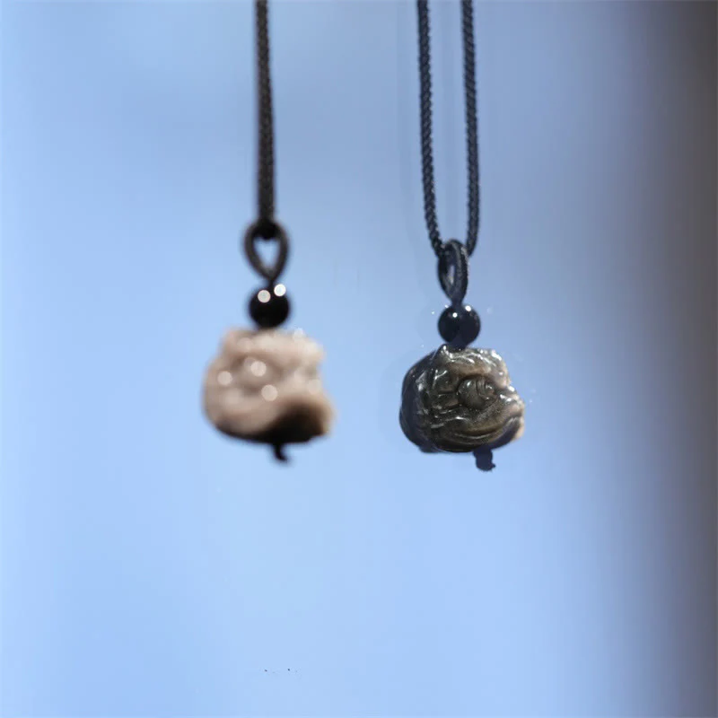 Collana con ciondolo di protezione del leone danzante in ossidiana lucida d'argento naturale Buddha Stones - Image 11