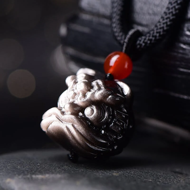 Collana con ciondolo di protezione del leone danzante in ossidiana lucida d'argento naturale Buddha Stones - Image 3