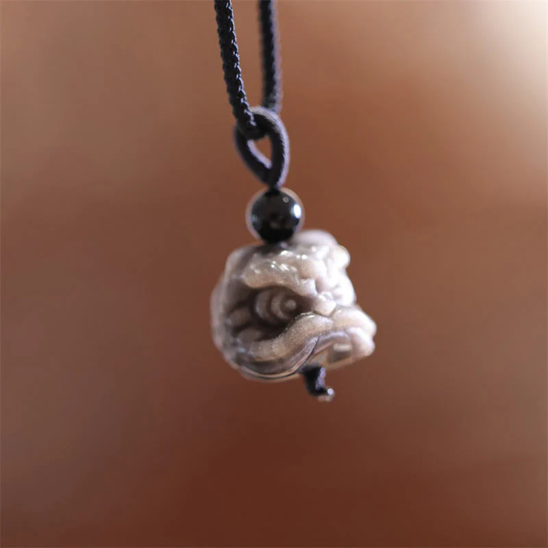 Collana con ciondolo di protezione del leone danzante in ossidiana lucida d'argento naturale Buddha Stones - Image 4
