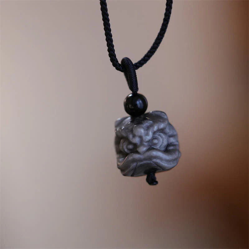 Collana con ciondolo di protezione del leone danzante in ossidiana lucida d'argento naturale Buddha Stones - Image 8