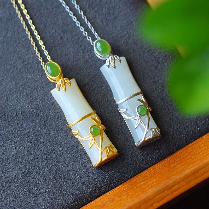 Collana con ciondolo di protezione in giada bianca e giada ciano con Buddha Stones e bambù - Image 2