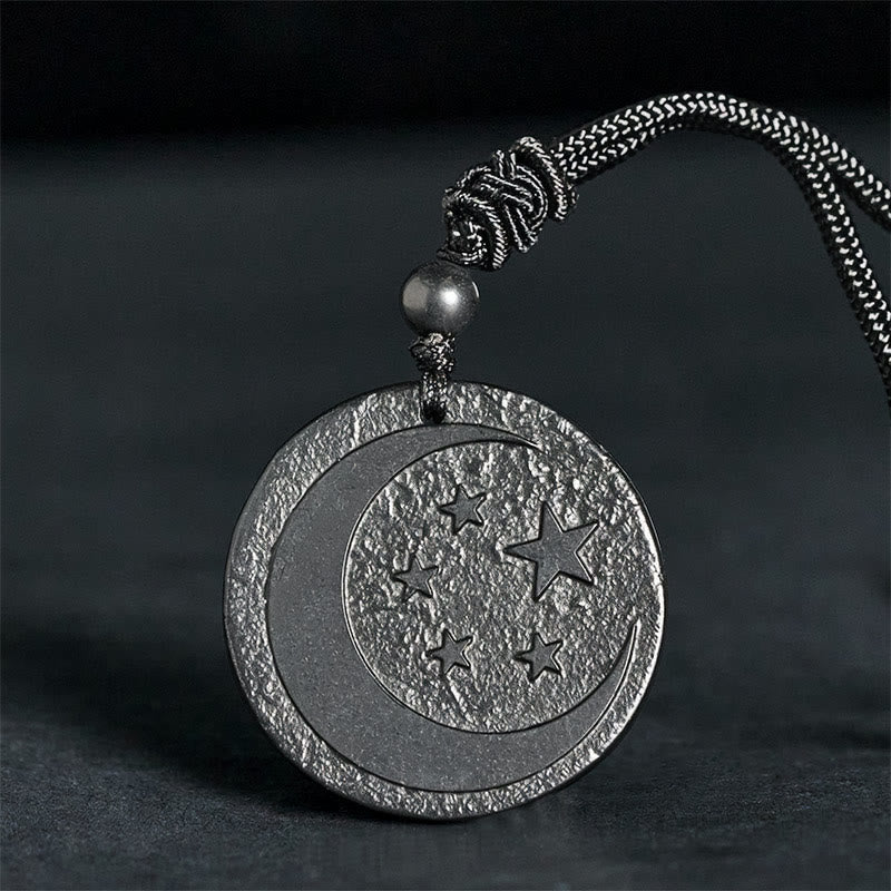 Collana con ciondolo di protezione in pietra di shungite autentica con design rotondo a forma di stella di luna Buddha Stones