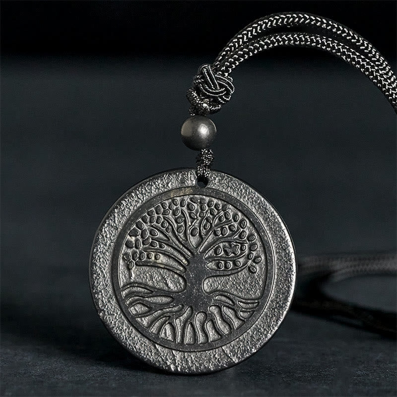 Collana con ciondolo di protezione in pietra di shungite autentica con motivo intagliato dell'albero della vita Buddha Stones