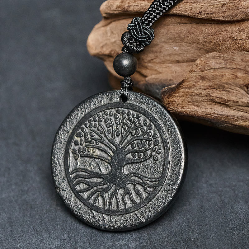 Collana con ciondolo di protezione in pietra di shungite autentica con motivo intagliato dell'albero della vita Buddha Stones - Image 2