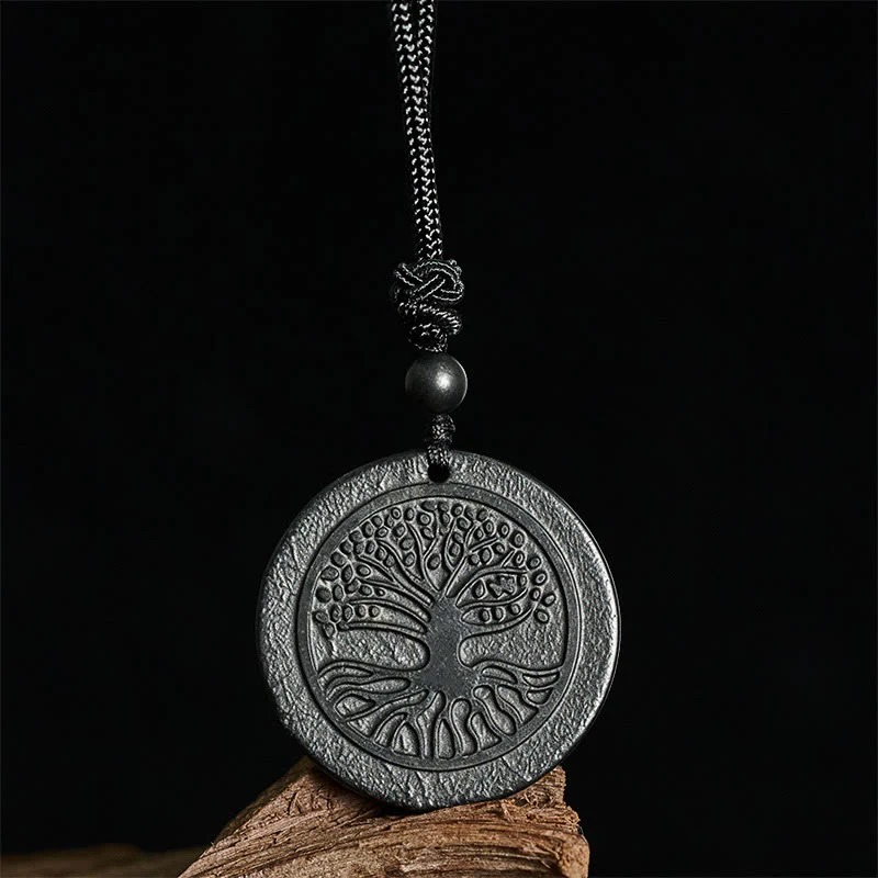 Collana con ciondolo di protezione in pietra di shungite autentica con motivo intagliato dell'albero della vita Buddha Stones - Image 3