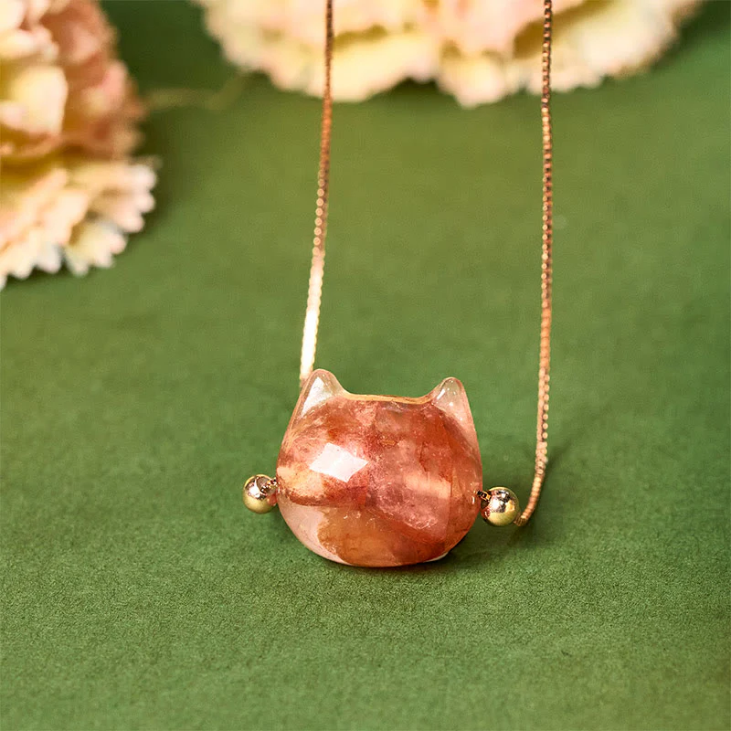 Collana con ciondolo di protezione in quarzo rosso naturale a forma di testa di gatto in argento sterling 925 Buddha Stones