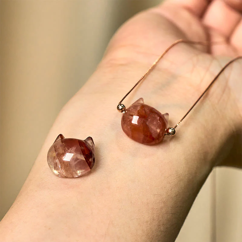 Collana con ciondolo di protezione in quarzo rosso naturale a forma di testa di gatto in argento sterling 925 Buddha Stones - Image 10
