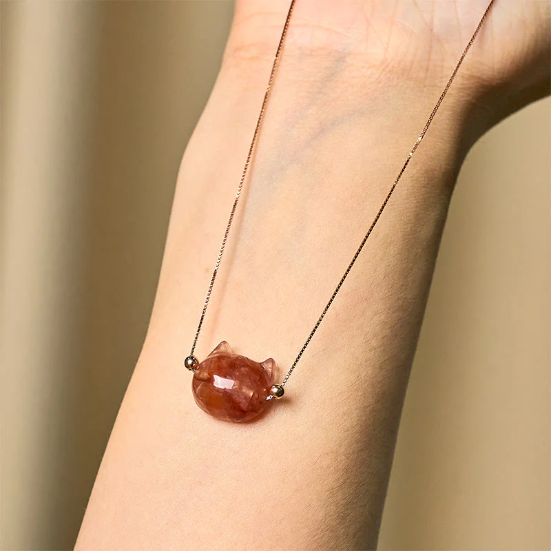 Collana con ciondolo di protezione in quarzo rosso naturale a forma di testa di gatto in argento sterling 925 Buddha Stones - Image 11