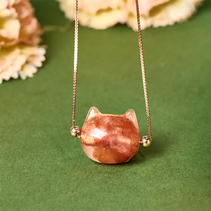 Collana con ciondolo di protezione in quarzo rosso naturale a forma di testa di gatto in argento sterling 925 Buddha Stones - Image 2