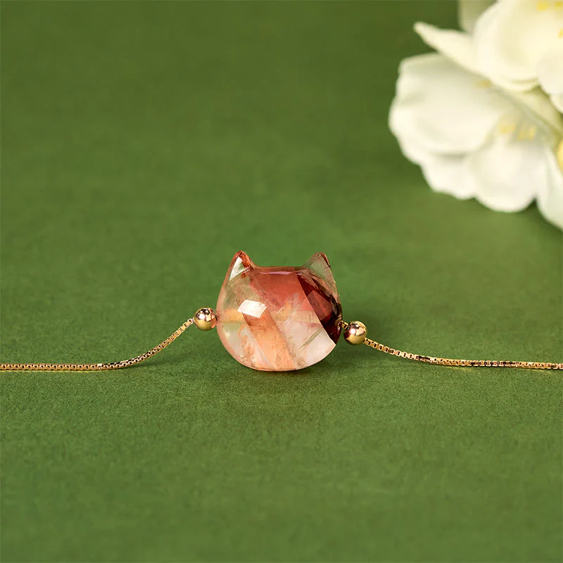 Collana con ciondolo di protezione in quarzo rosso naturale a forma di testa di gatto in argento sterling 925 Buddha Stones - Image 3