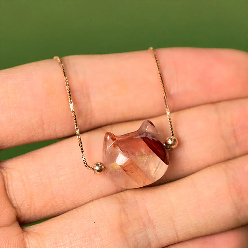 Collana con ciondolo di protezione in quarzo rosso naturale a forma di testa di gatto in argento sterling 925 Buddha Stones - Image 8
