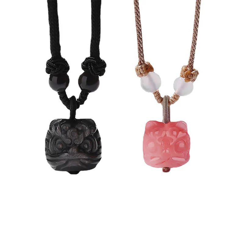Collana con ciondolo di protezione leone danzante in agata rossa e ossidiana lucida in argento naturale Buddha Stones - Image 12