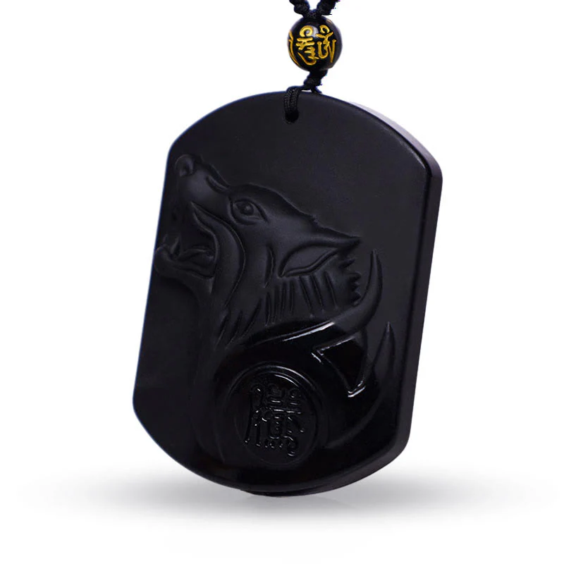 Collana con ciondolo di purificazione del lupo in pietra di ossidiana nera Buddha Stones - Image 3