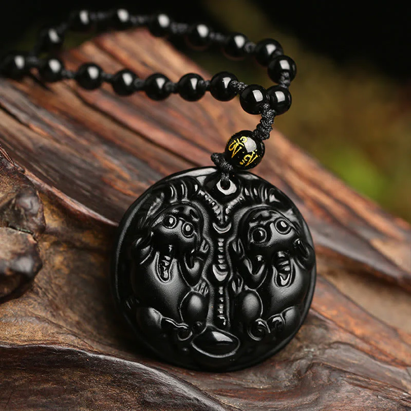 Collana con ciondolo di purificazione in corda con perline di Pixiu in ossidiana nera Buddha Stones