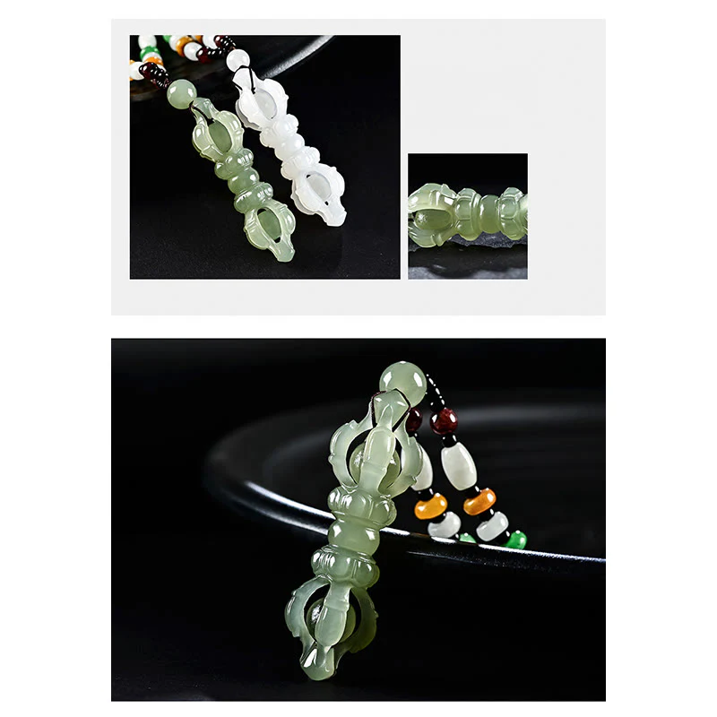 Collana con ciondolo di successo inciso Dorje Vajra in giada ciano naturale tibetana e giada bianca - Image 7