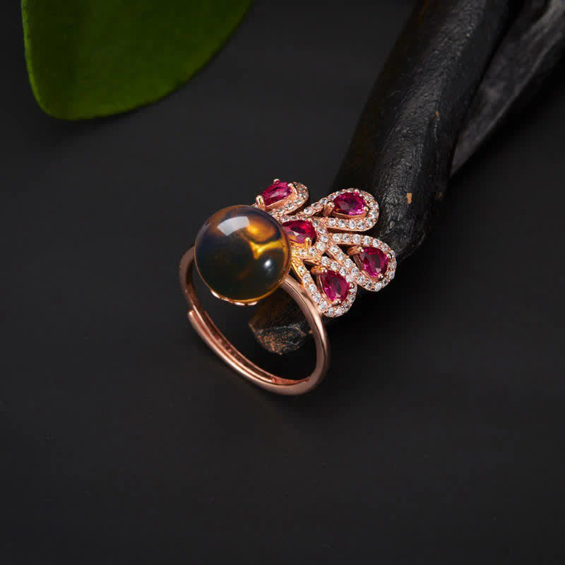 Collana con ciondolo e anello in ambra con pavone e amore e fortuna - Image 4
