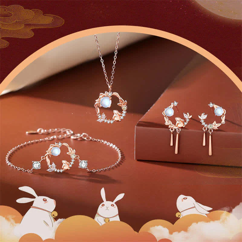 Collana con ciondolo e orecchini in argento sterling 925 con motivo a fiori di pietra lunare dell'anno del coniglio - Image 10