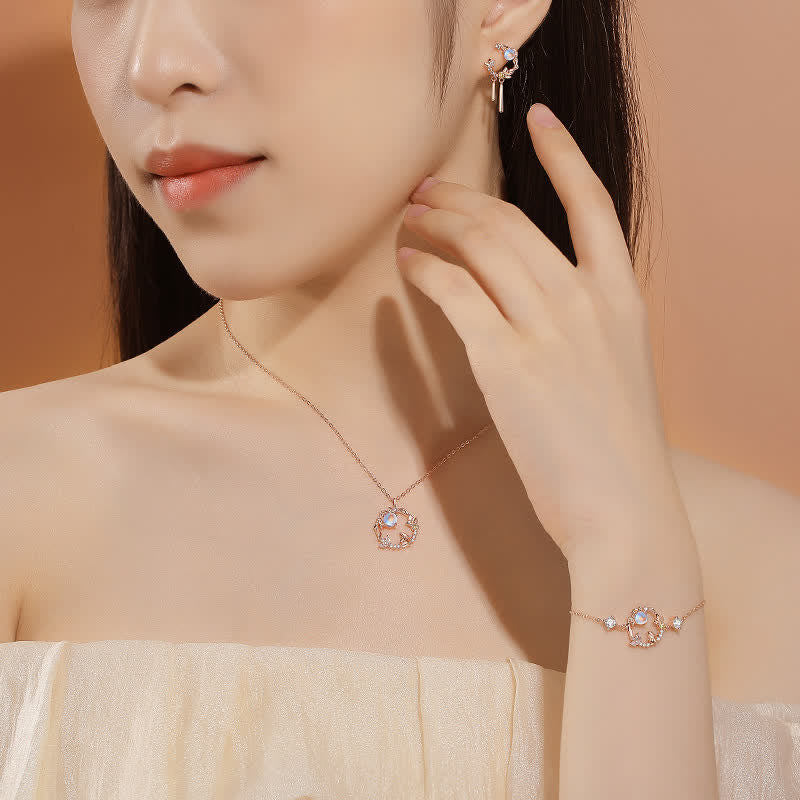 Collana con ciondolo e orecchini in argento sterling 925 con motivo a fiori di pietra lunare dell'anno del coniglio - Image 2