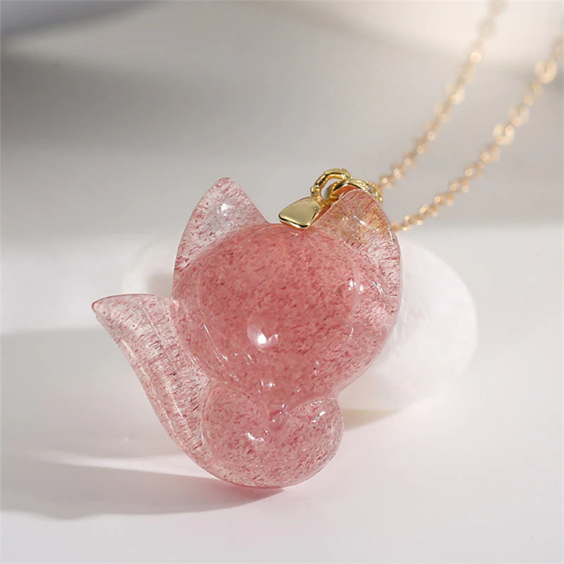 Collana con ciondolo curativo a forma di volpe in quarzo fragola placcato oro 14k, in argento sterling 925 Buddha Stones - Image 3