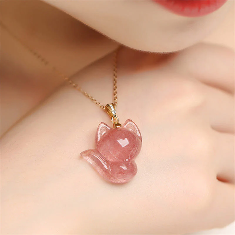 Collana con ciondolo curativo a forma di volpe in quarzo fragola placcato oro 14k, in argento sterling 925 Buddha Stones - Image 4