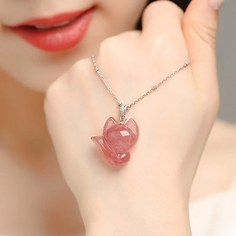 Collana con ciondolo curativo a forma di volpe in quarzo fragola placcato oro 14k, in argento sterling 925 Buddha Stones - Image 7