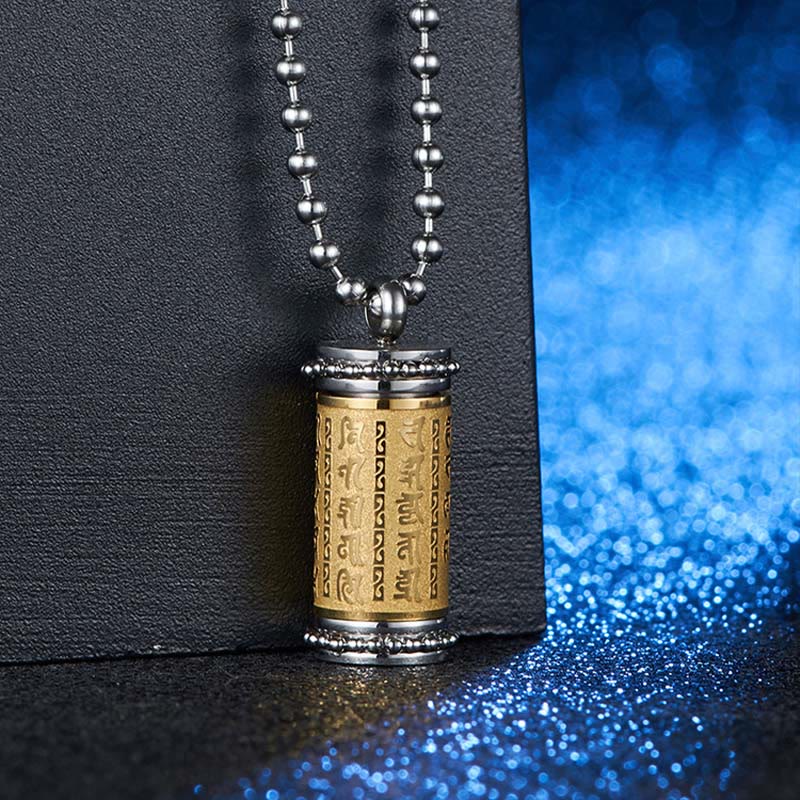 Collana con ciondolo in acciaio al titanio e Buddha Stones, ruota della preghiera, scritture, equilibrio - Image 2