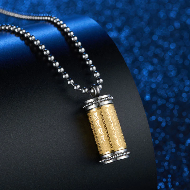 Collana con ciondolo in acciaio al titanio e Buddha Stones, ruota della preghiera, scritture, equilibrio - Image 5