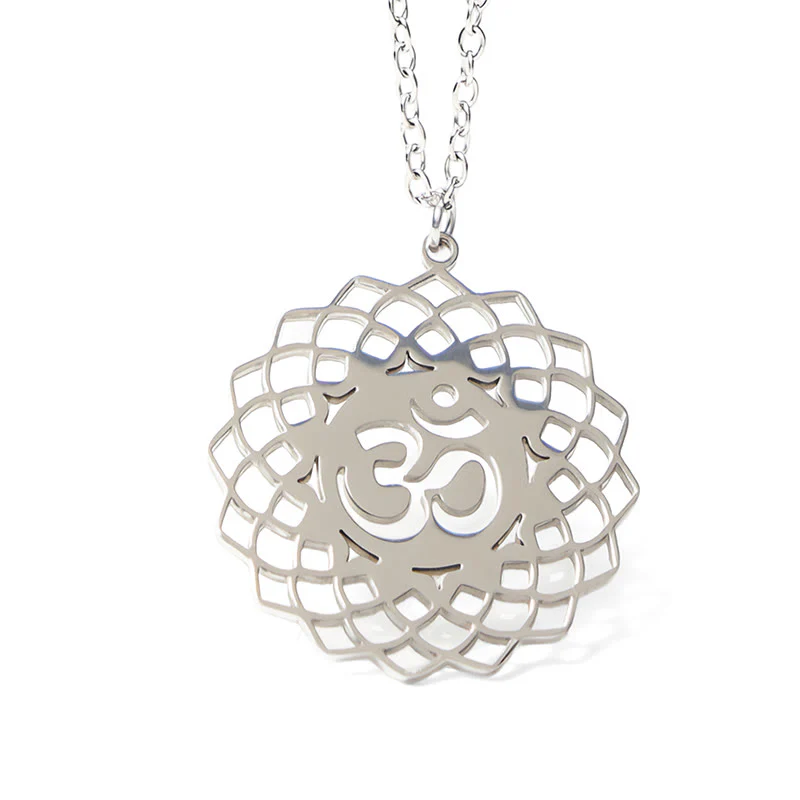 Collana con ciondolo in acciaio inossidabile con simbolo Om Buddha Stones, motivo: loto cavo - Image 15