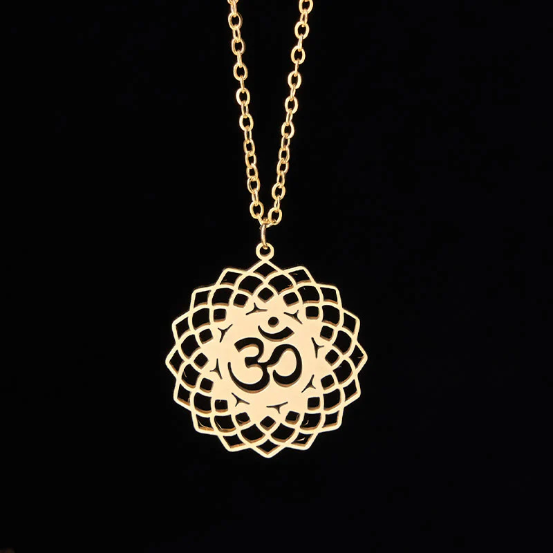 Collana con ciondolo in acciaio inossidabile con simbolo Om Buddha Stones, motivo: loto cavo - Image 3