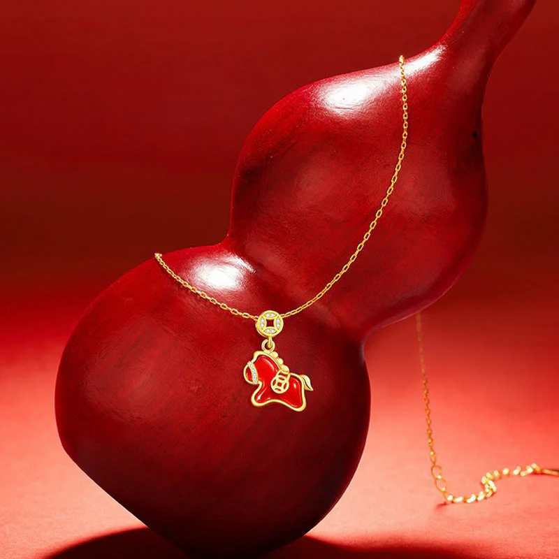 Collana con ciondolo in argento sterling 925 con moneta di rame dell'anno del cavallo, Buddha Stones e agata rossa. - Image 2