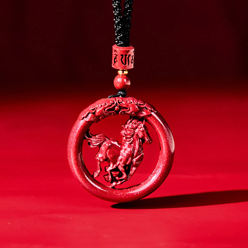 Collana con ciondolo in cinabro naturale, Buddha Stones, anno del cavallo, fibbia della pace