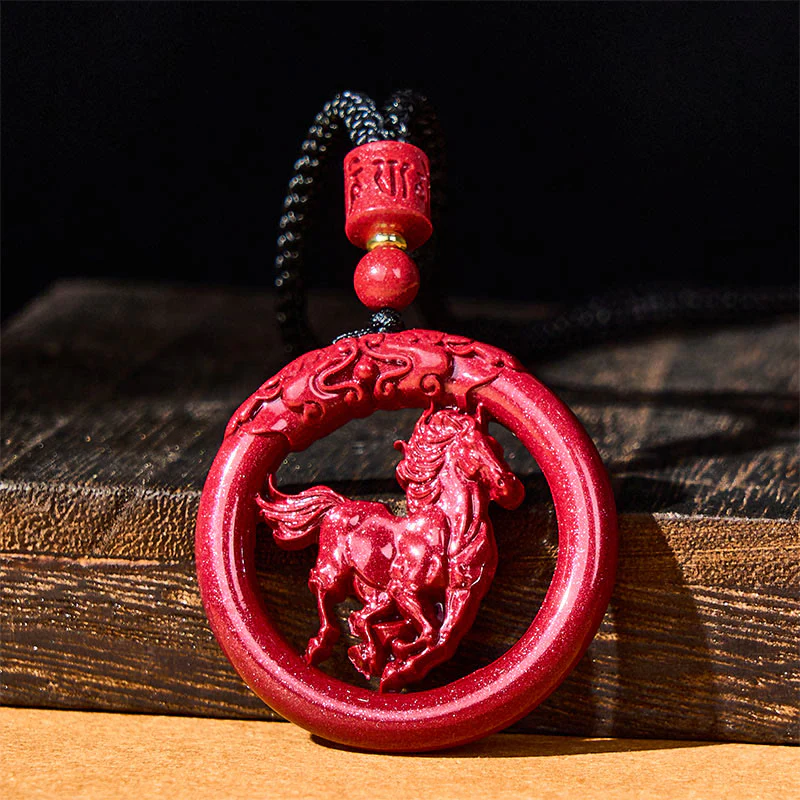 Collana con ciondolo in cinabro naturale, Buddha Stones, anno del cavallo, fibbia della pace - Image 2