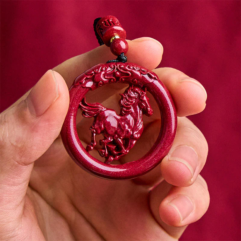Collana con ciondolo in cinabro naturale, Buddha Stones, anno del cavallo, fibbia della pace - Image 3