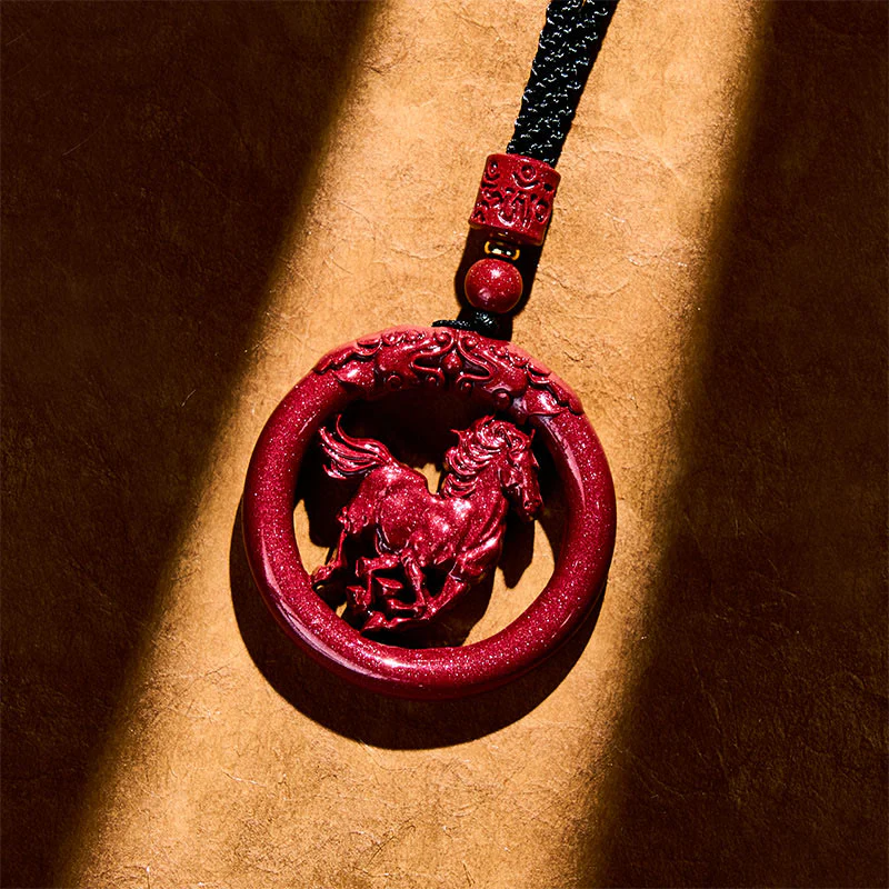 Collana con ciondolo in cinabro naturale, Buddha Stones, anno del cavallo, fibbia della pace - Image 4