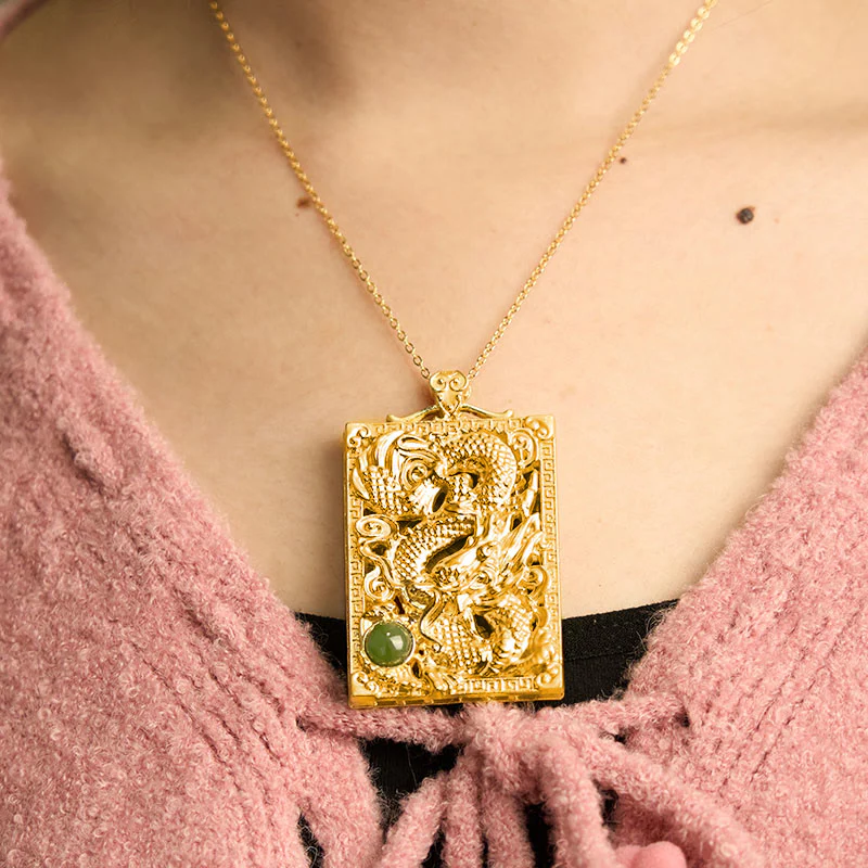 Collana con ciondolo in giada Hetian placcata in oro con Buddha Stones drago - Image 4