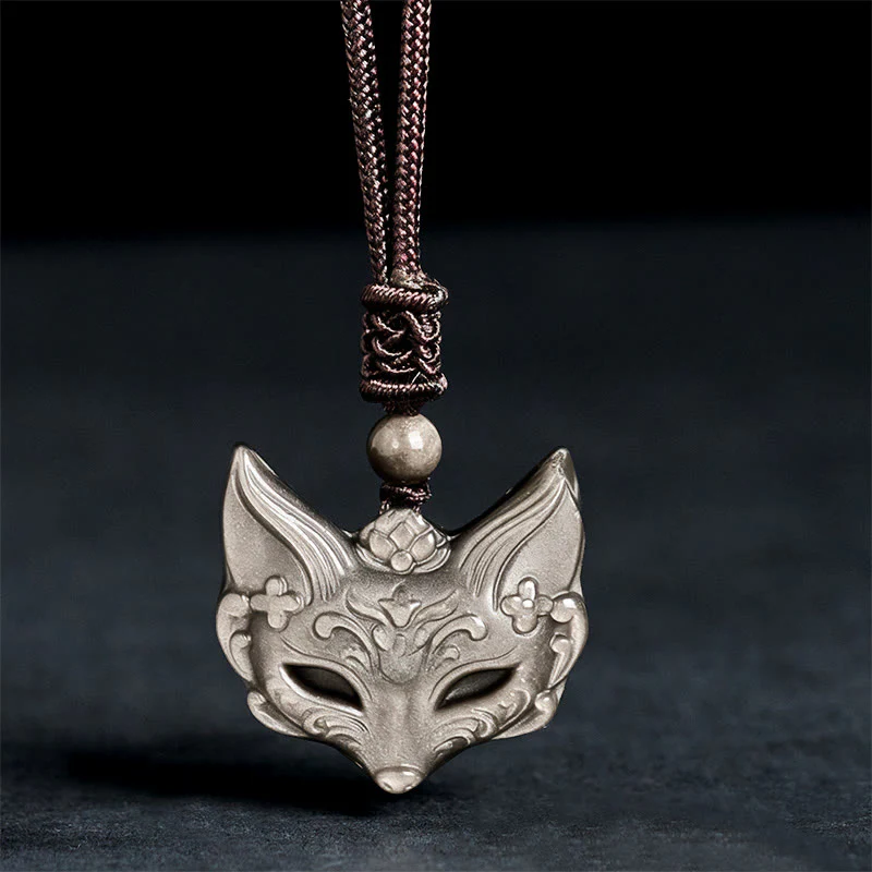 Collana con ciondolo in ossidiana di ghiaccio e ossidiana lucida color argento con design a forma di volpe Buddha Stones in rilievo - Image 4