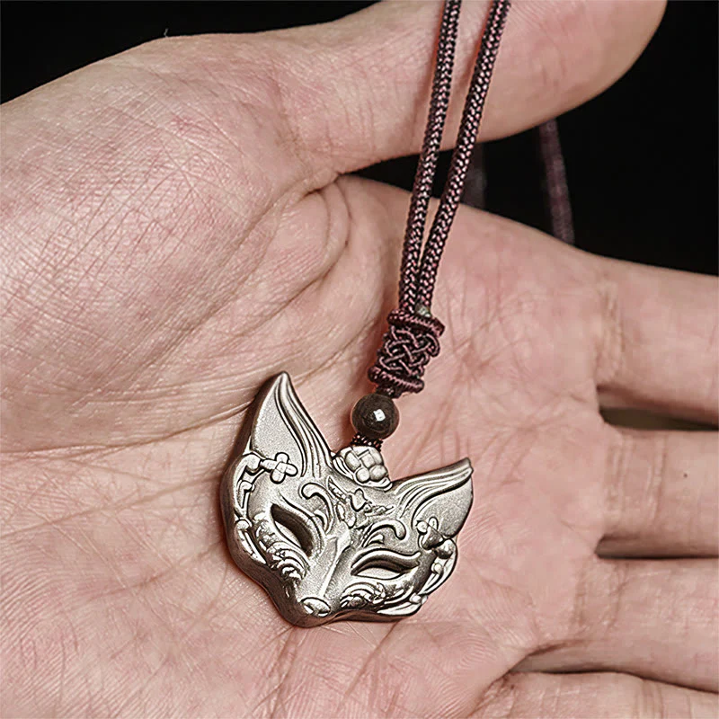 Collana con ciondolo in ossidiana di ghiaccio e ossidiana lucida color argento con design a forma di volpe Buddha Stones in rilievo - Image 7