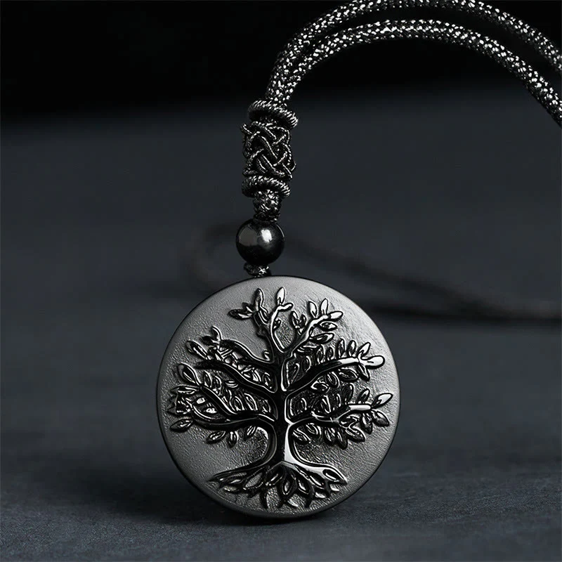 Collana con ciondolo in ossidiana nera con motivo naturale dell'albero della vita Buddha Stones