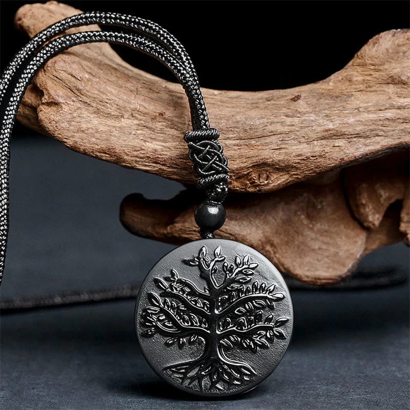 Collana con ciondolo in ossidiana nera con motivo naturale dell'albero della vita Buddha Stones - Image 2