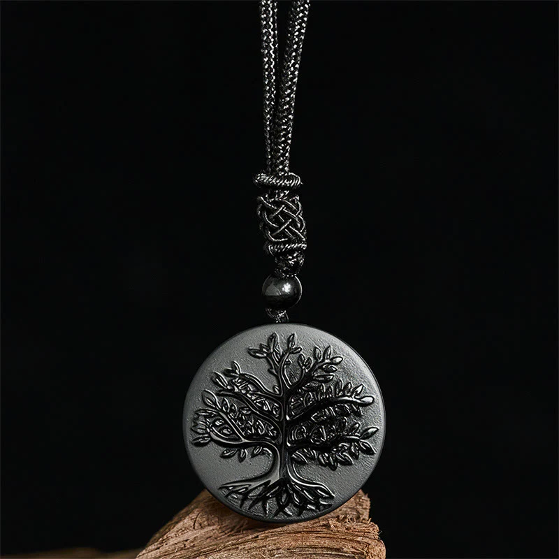 Collana con ciondolo in ossidiana nera con motivo naturale dell'albero della vita Buddha Stones - Image 3