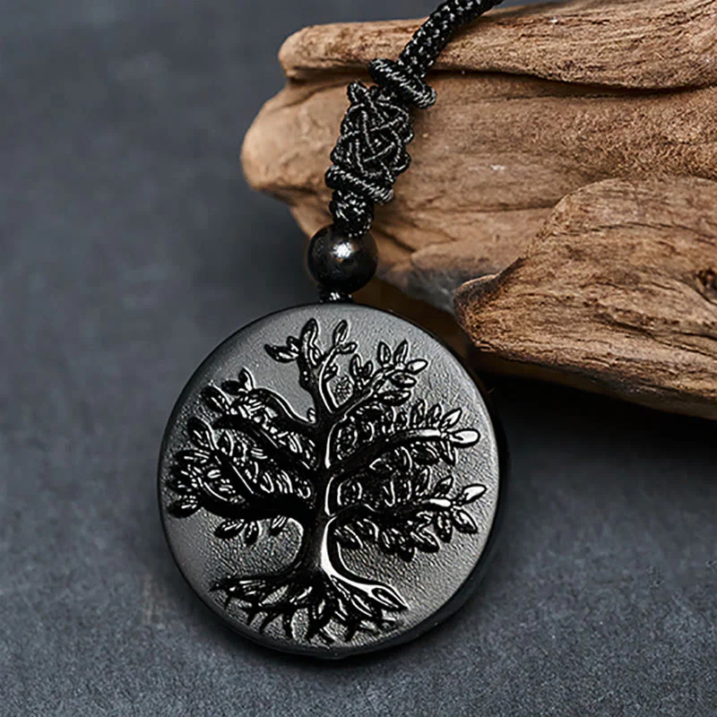 Collana con ciondolo in ossidiana nera con motivo naturale dell'albero della vita Buddha Stones - Image 4