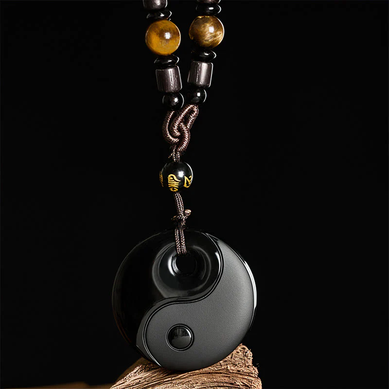 Collana con ciondolo in ossidiana nera con simbolo Yin Yang Buddha Stones Om Mani Padme Hum e forza - Image 2