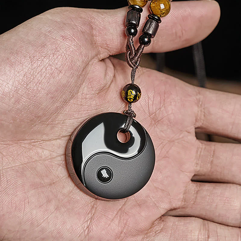 Collana con ciondolo in ossidiana nera con simbolo Yin Yang Buddha Stones Om Mani Padme Hum e forza - Image 6