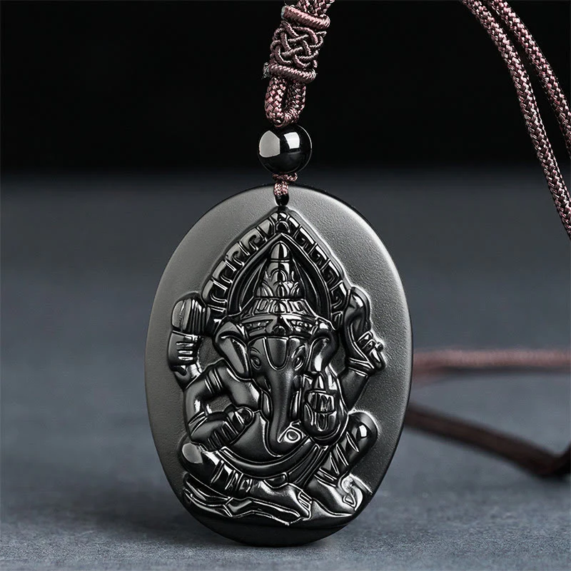 Collana con ciondolo in ossidiana nera naturale con design in rilievo di elefante Buddha Stones