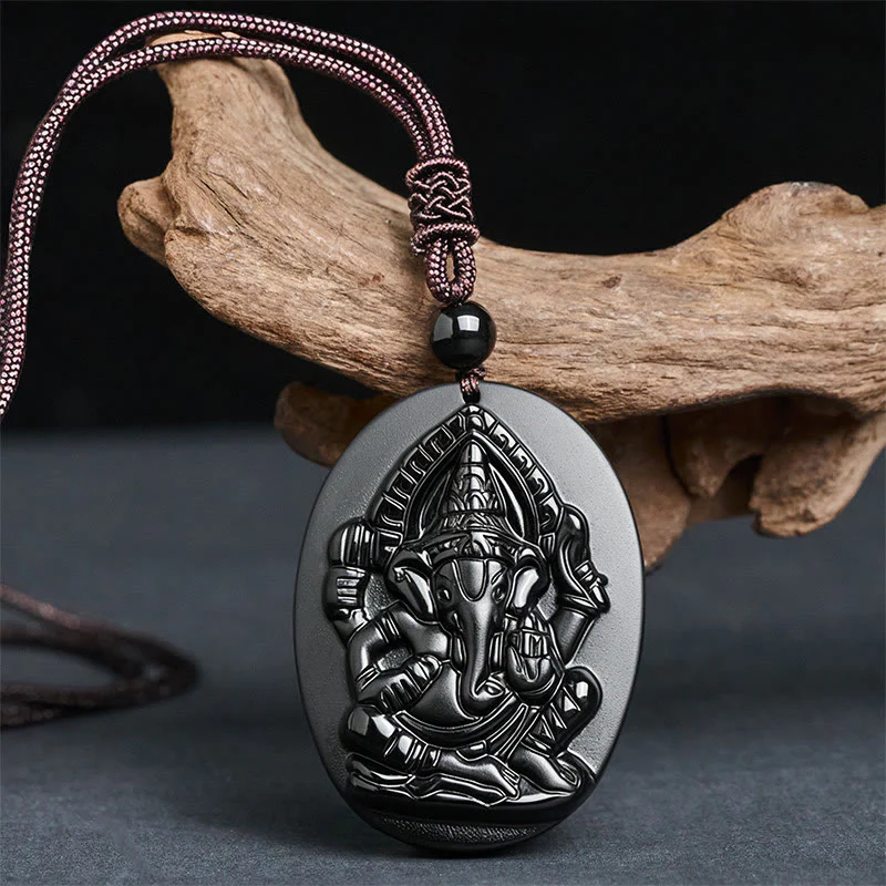 Collana con ciondolo in ossidiana nera naturale con design in rilievo di elefante Buddha Stones - Image 2