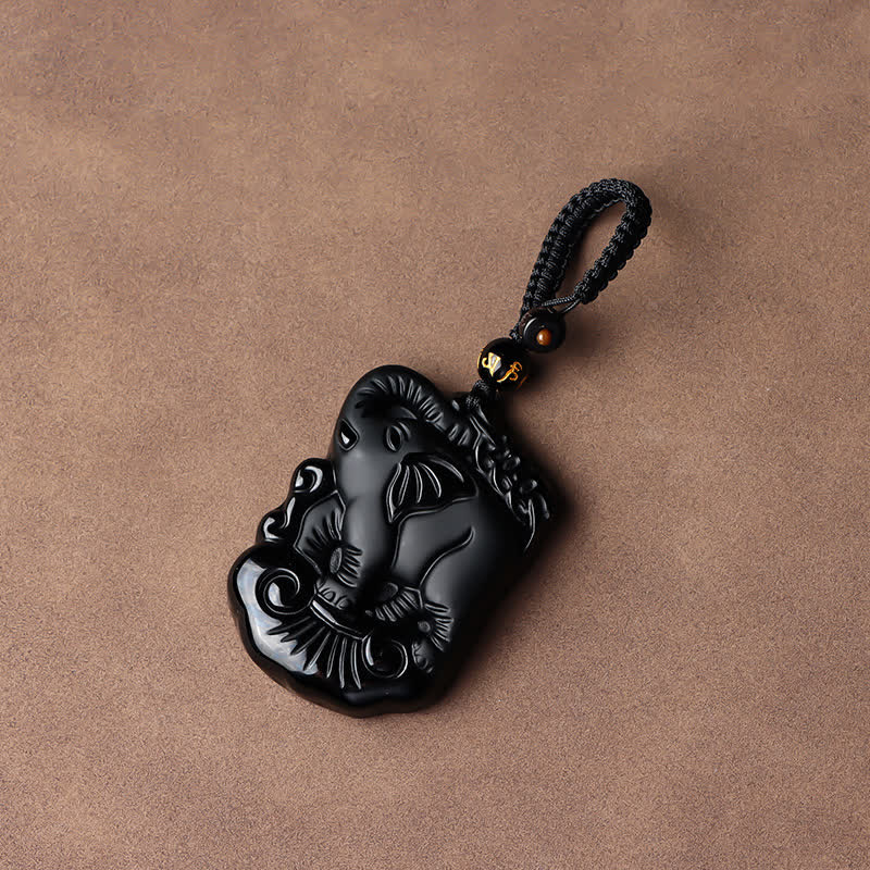 Collana con ciondolo portachiavi in corda di protezione per elefante in ossidiana nera - Image 16