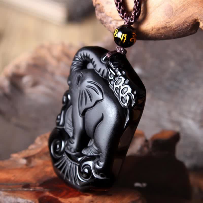 Collana con ciondolo portachiavi in corda di protezione per elefante in ossidiana nera - Image 5