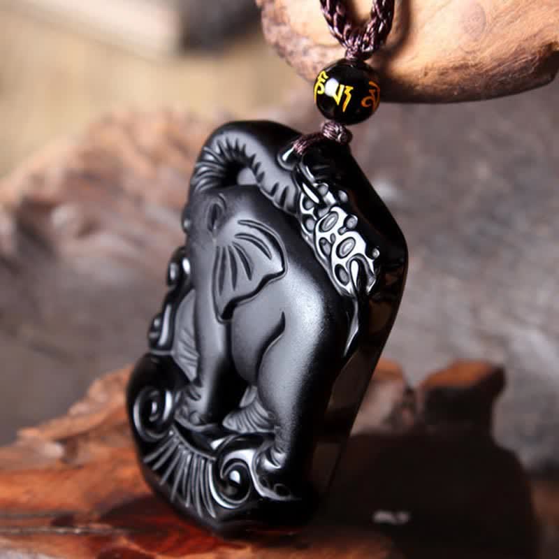 Collana con ciondolo portachiavi in corda di protezione per elefante in ossidiana nera - Image 6